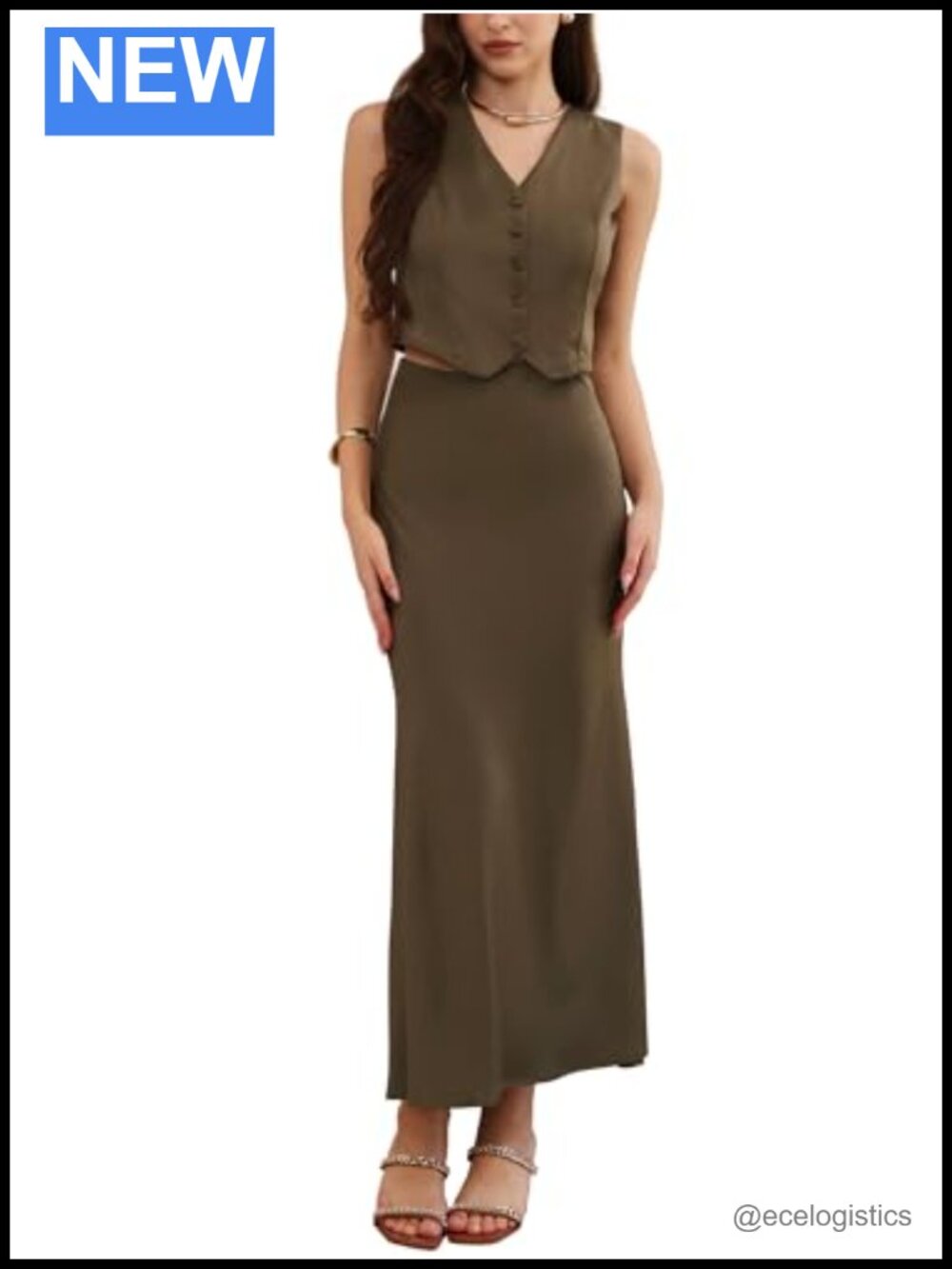 Elegant Satin Two Piece Skirt Set with V Neck Vest Top and Fishtail Maxi Skirt